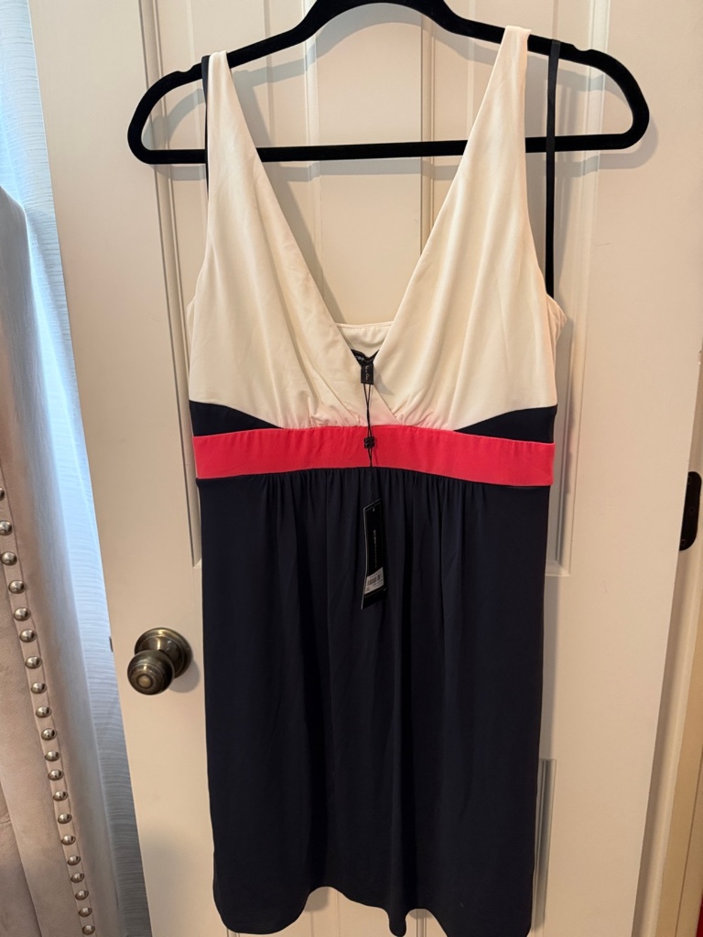 BCBGMaxAzria Ivory, Navy & Coral Colorblock Sleeveless Dress